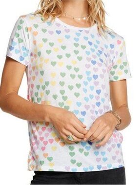 CHASER White Cotton Blend Tee w Pastel Rainbow Hearts Short Sleeve T-Shirt Top